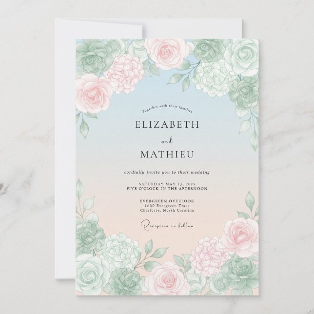 Dusty Blue Soft Blossom Romance Wedding Invitation (Front)