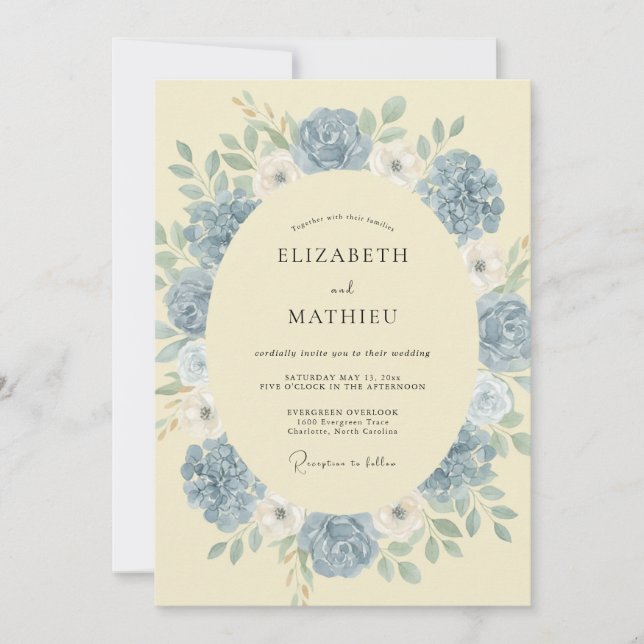 Dusty Blue Soft Floral Wedding Invitation (Front)