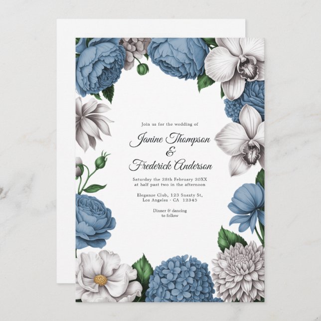 Dusty Blue & Soft Grey Watercolor Floral Wedding Invitation (Front/Back)