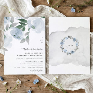 Dusty Blue Soft Watercolor Floral Wedding Invitation