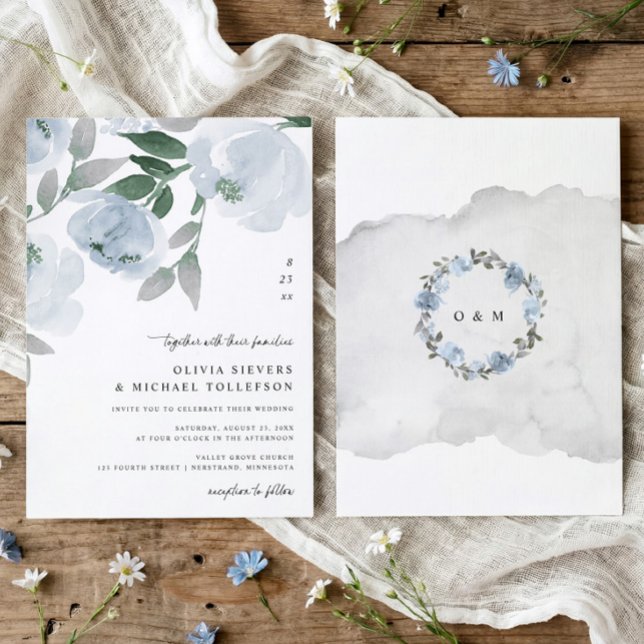 Dusty Blue Soft Watercolor Floral Wedding Invitation (Dusty blue watercolor floral wedding invitation with soft blue and gray flowers and elegant script)