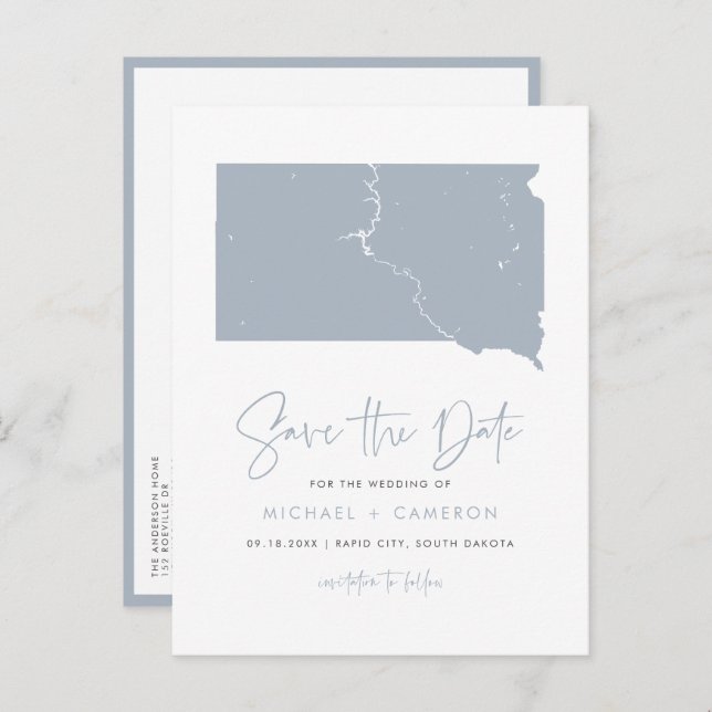 Dusty Blue South Dakota Map QR Code Save the Date Announcement Postcard (Front/Back)