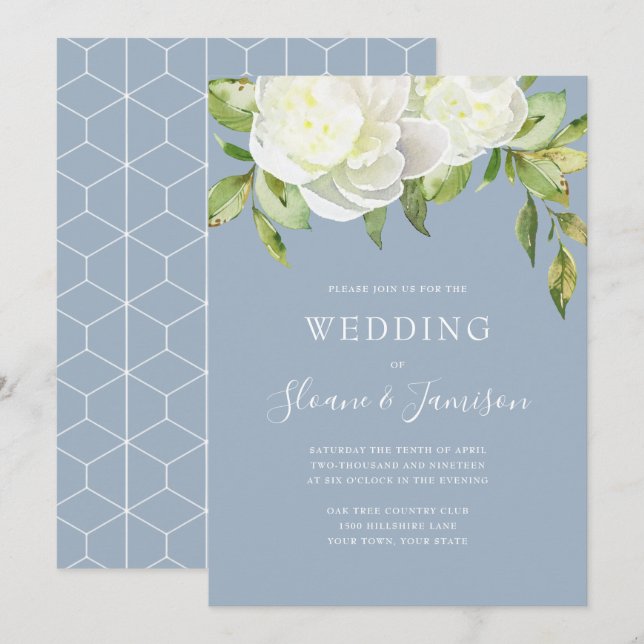 Dusty Blue Spring Floral Peony Wedding Invitation (Front/Back)