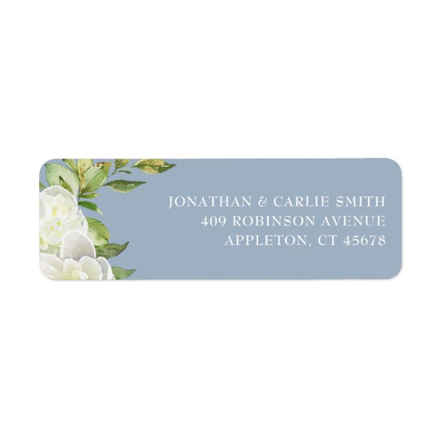 Dusty Blue Spring Floral Peony Wedding Label (Front)