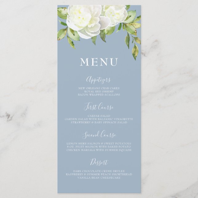 Dusty Blue Spring Floral Peony Wedding Menu (Front)