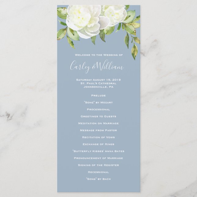 Dusty Blue Spring Floral Peony Wedding Program Programme (Front)