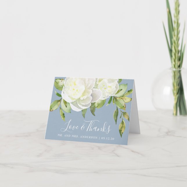 Dusty Blue Spring Floral Peony Wedding Thank You Card (Front)