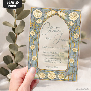 Dusty Blue Stained Glass Whimsical Floral Wedding  Acrylic Invitations