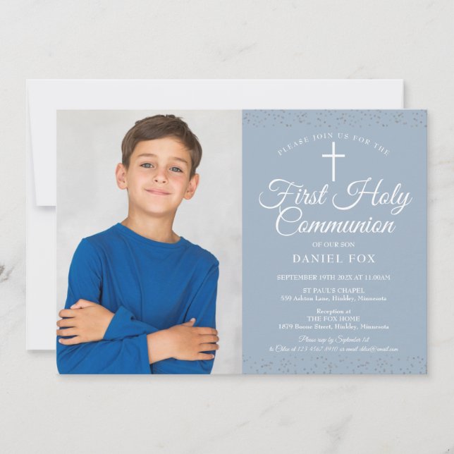 Dusty Blue Stardust First Holy Communion Photo Invitation (Front)