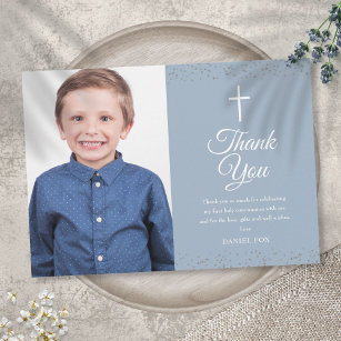 Dusty Blue Stardust First Holy Communion Photo Thank You Card