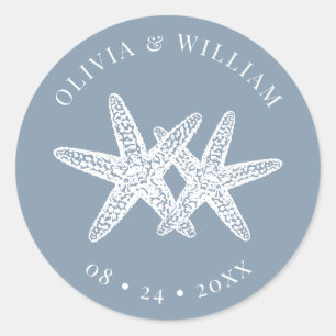 Dusty Blue Starfish Beach Coastal Wedding Classic Round Sticker
