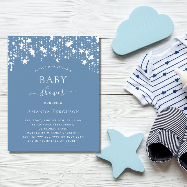 Dusty blue stars boy baby shower budget invitation flyer (Creator Uploaded)