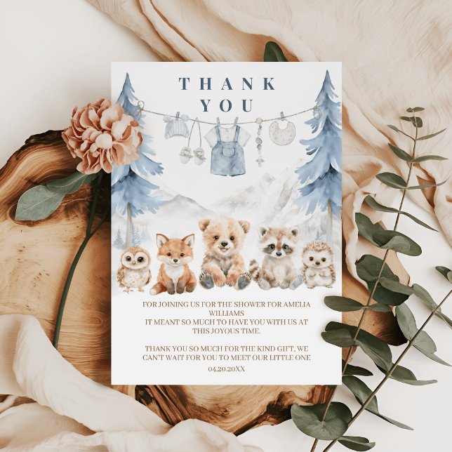 Dusty Blue Storybook Forest Baby Shower Thank You Card (Creator Uploaded)
