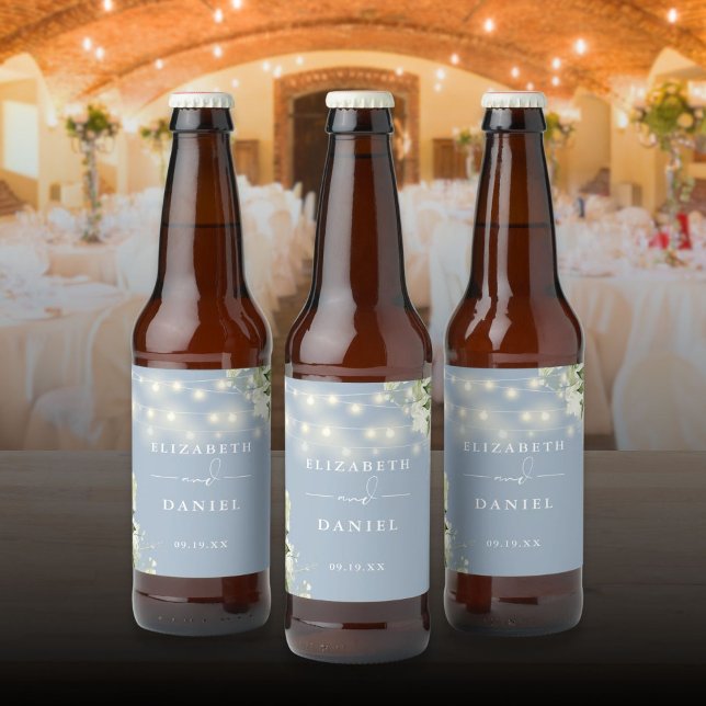 Dusty Blue String Lights Floral Greenery Wedding Beer Bottle Label (Dusty Blue String Lights Floral Greenery Wedding Beer Bottle Label)
