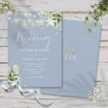 Dusty Blue String Lights Floral Monogram Wedding Invitation<br><div class="desc">This elegant dusty blue wedding invitation features pretty string lights and floral greenery and can be personalised with your information in chic typography with your monogram initials on the reverse. Designed by Thisisnotme©</div>