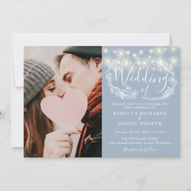 Dusty Blue String Lights Floral Photo Wedding Invitation (Front)