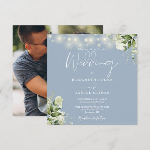 Dusty Blue String Lights Floral Photo Wedding Invitation