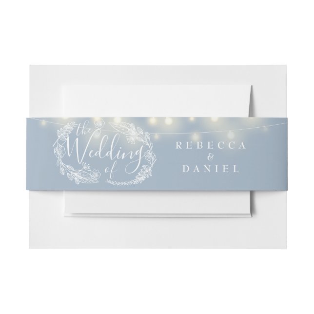 Dusty Blue String Lights Floral Wedding Invitation Belly Band (Front Example)
