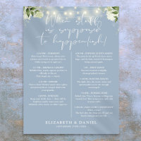 Dusty Blue String Lights Floral Wedding Itinerary