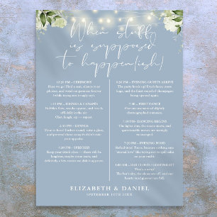 Dusty Blue String Lights Floral Wedding Itinerary Poster