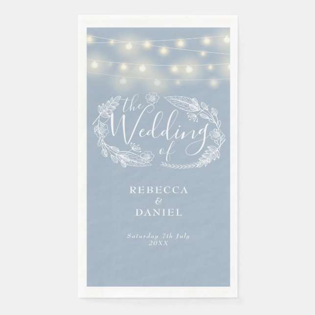 Dusty Blue String Lights Floral Wedding Napkin (Front)