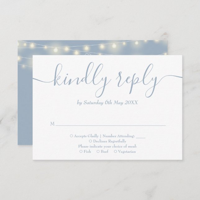 Dusty Blue String Lights Floral Wedding RSVP Card (Front/Back)
