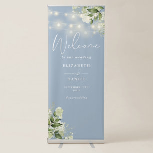 Dusty Blue String Lights Floral Wedding Welcome Retractable Banner