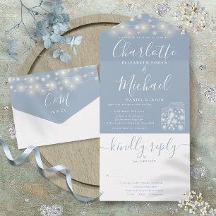 Dusty Blue String Lights Mason Jars Wedding All In One Invitation