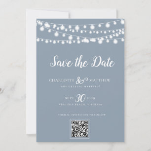 Dusty Blue  String Lights Modern Script Save the Save The Date