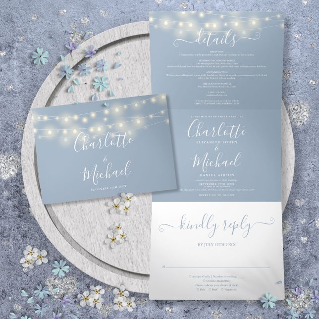 Dusty Blue String Lights Script Monogram Wedding Tri-Fold Invitation (Dusty Blue String Lights Script Monogram Wedding Tri-Fold Invitation)