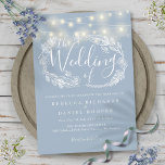 Dusty Blue String Lights Script Wedding Invitation<br><div class="desc">A dusty blue wedding invitation featuring pretty string lights and a delicate hand-drawn rustic floral garland of botanical leaf foliage with stylish script typography. Personalise with your special wedding day information. Designed by Thisisnotme©</div>