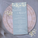 Dusty Blue String Lights Signature Wedding Menu<br><div class="desc">Elegant dusty blue wedding menu card featuring pretty string lights and signature style names. This modern menu card can be personalised with your information in chic white lettering. Designed by Thisisnotme©</div>