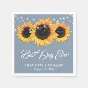 Dusty Blue String Lights Sunflower Wedding Napkin