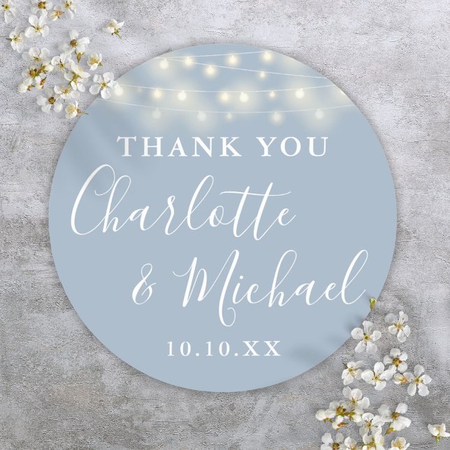 Dusty Blue String Lights Wedding Favour Thank You  Classic Round Sticker (Dusty Blue String Lights Wedding Favor Thank You Classic Round Sticker)