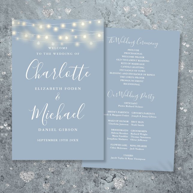Dusty Blue String Lights Wedding Program (Dusty Blue String Lights Wedding Program)