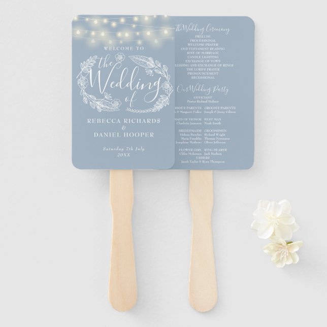 Dusty Blue String Lights Wedding Program Hand Fan (Front and Back)