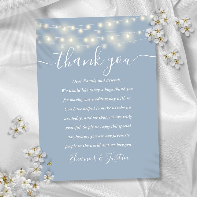 Dusty Blue String Lights Wedding Thank You Place  Card (Dusty Blue String Lights Wedding Thank You Place Place Card)