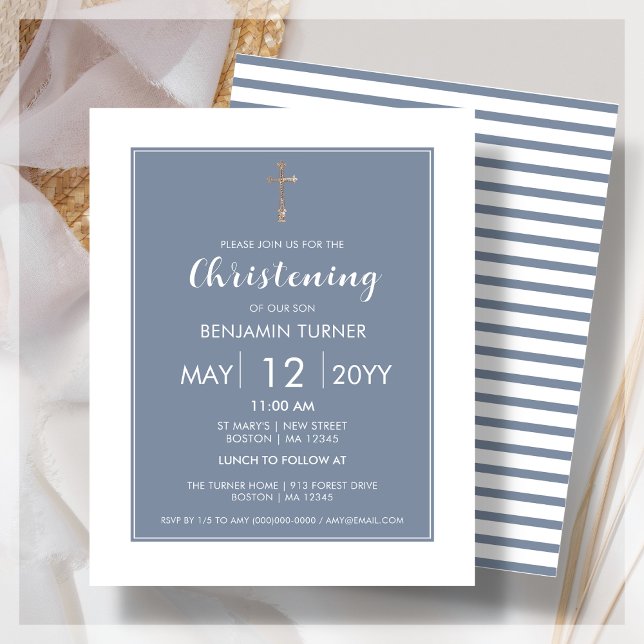 Dusty Blue Stripe | Christening Budget Invitation (Creator Uploaded)
