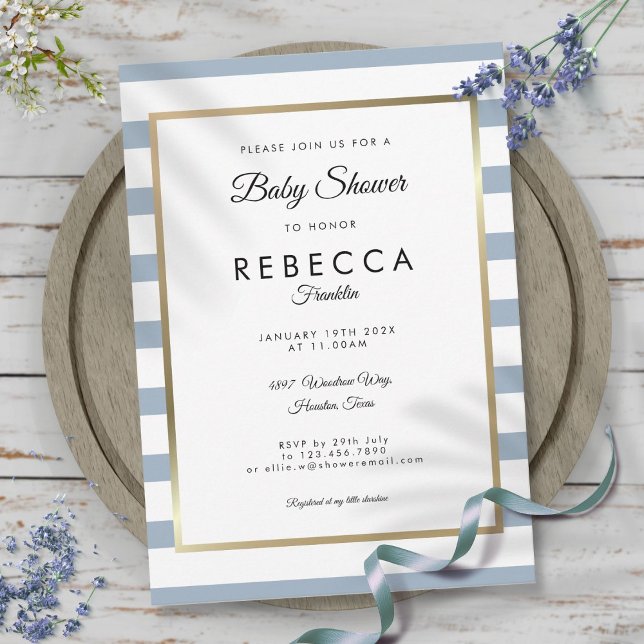 Dusty Blue Stripe Gold Baby Shower Invitation (Dusty Blue Stripe Gold Baby Shower Invitation)