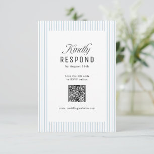 Dusty Blue Striped Elegance Classy QR Code Wedding RSVP Card