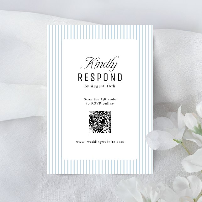 Dusty Blue Striped Elegance Classy QR Code Wedding RSVP Card (Dusty Blue Striped Elegance Classy QR Code Wedding RSVP Card)