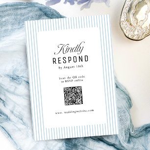 Dusty Blue Striped Elegance Classy QR Code Wedding RSVP Card