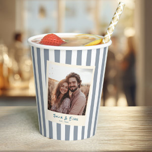 Dusty Blue Striped Fun Retro Engagement Photo Paper Cups