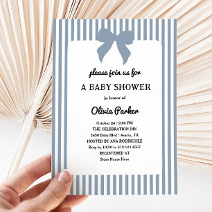 Dusty Blue Stripes and Trendy Bow   Baby Shower Invitation