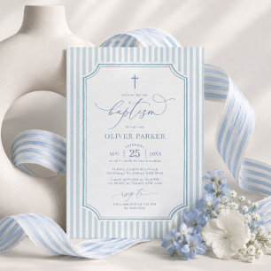 Dusty Blue Stripes Baptism for Baby Boy Invitation