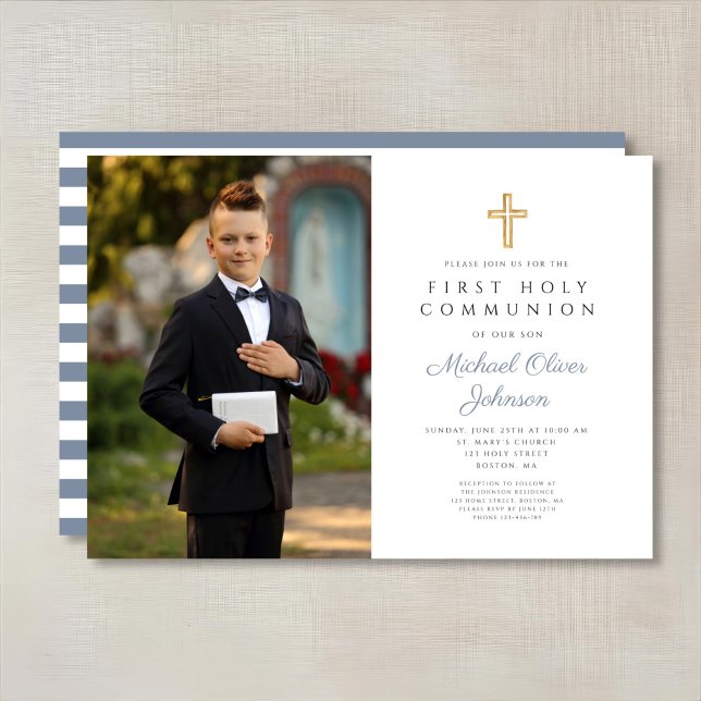 Dusty Blue Stripes Cross Boy Photo First Communion Invitation (Dusty Blue Stripes Cross Boy Photo First Communion Invitation)