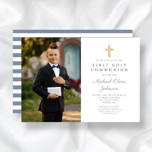 Dusty Blue Stripes Cross Boy Photo First Communion Invitation