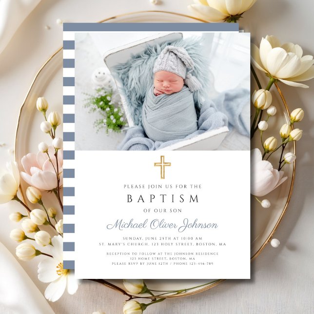 Dusty Blue Stripes Cross Photo Boy Baptism Invitation (Dusty Blue Stripes Cross Photo Boy Baptism Invitation)
