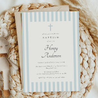 Dusty Blue Stripes Elegant Baptism Boy Invite