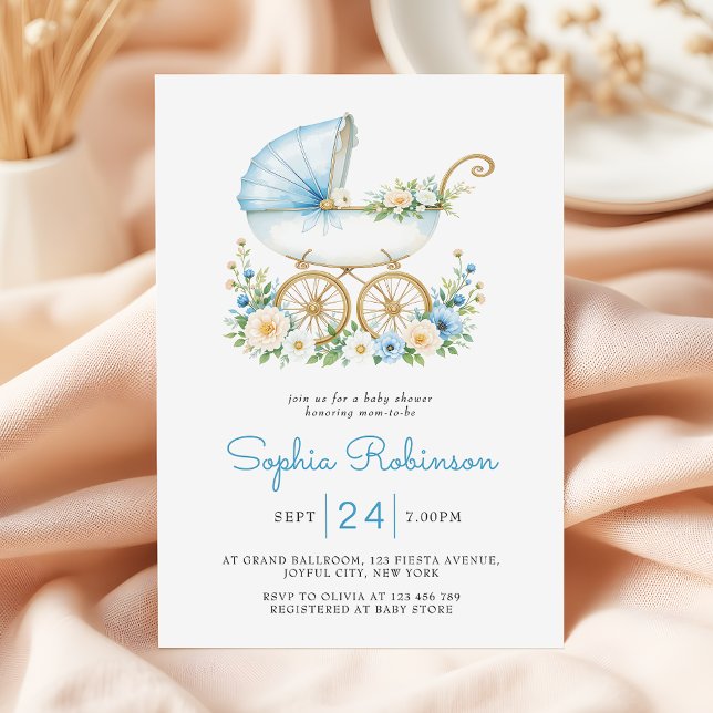 Dusty Blue Stroller Floral Baby Shower Invitation (Creator Uploaded)